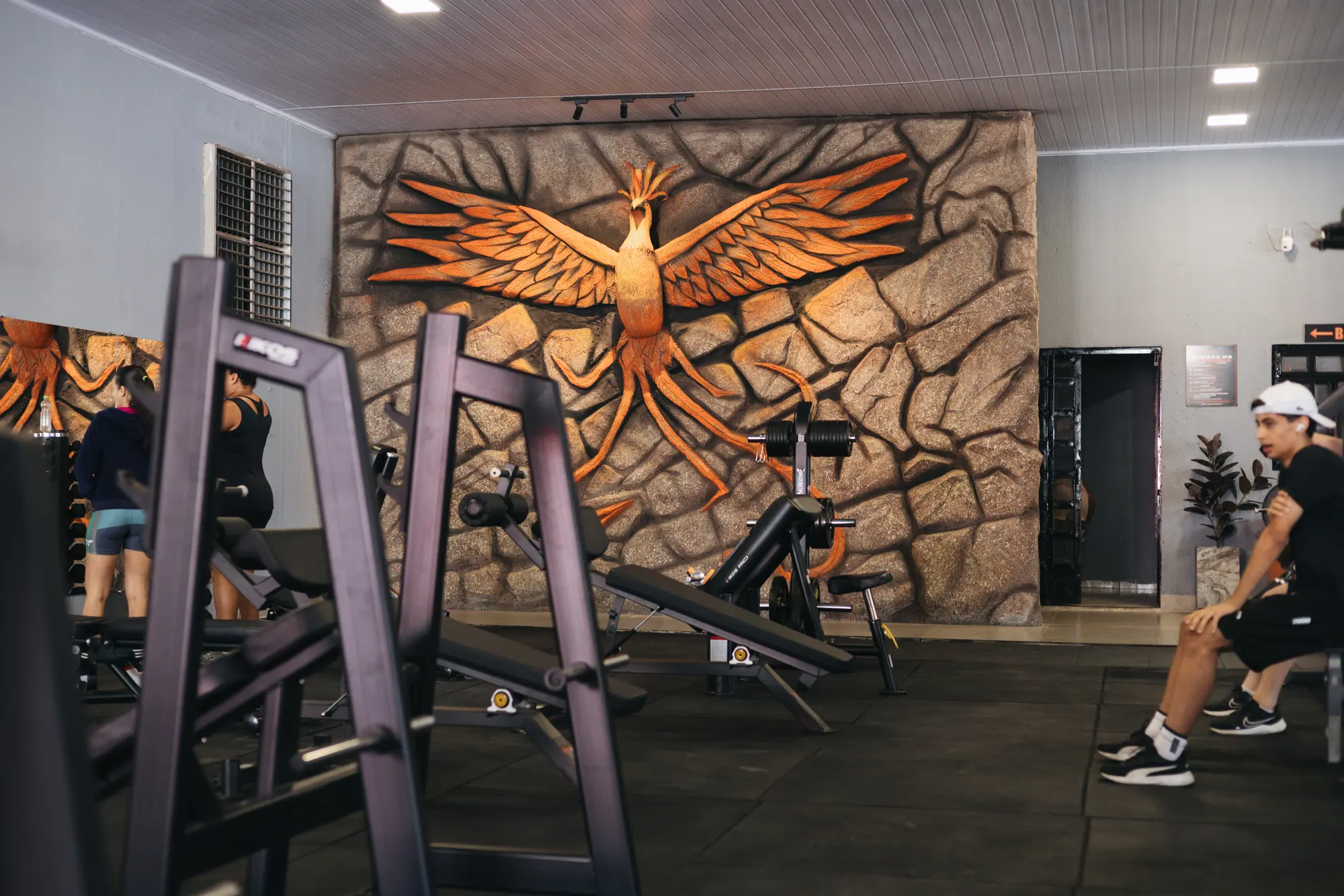 Parede com a fênix esculpida em relevo, símbolo da TARG, na sala de treino